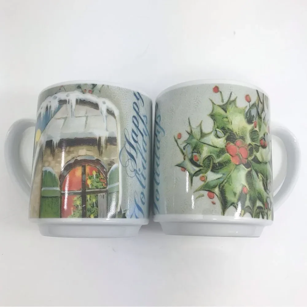 Pottery Barn Nostalgic Happy Holidays Ceramic Mug Set of Two Bundle